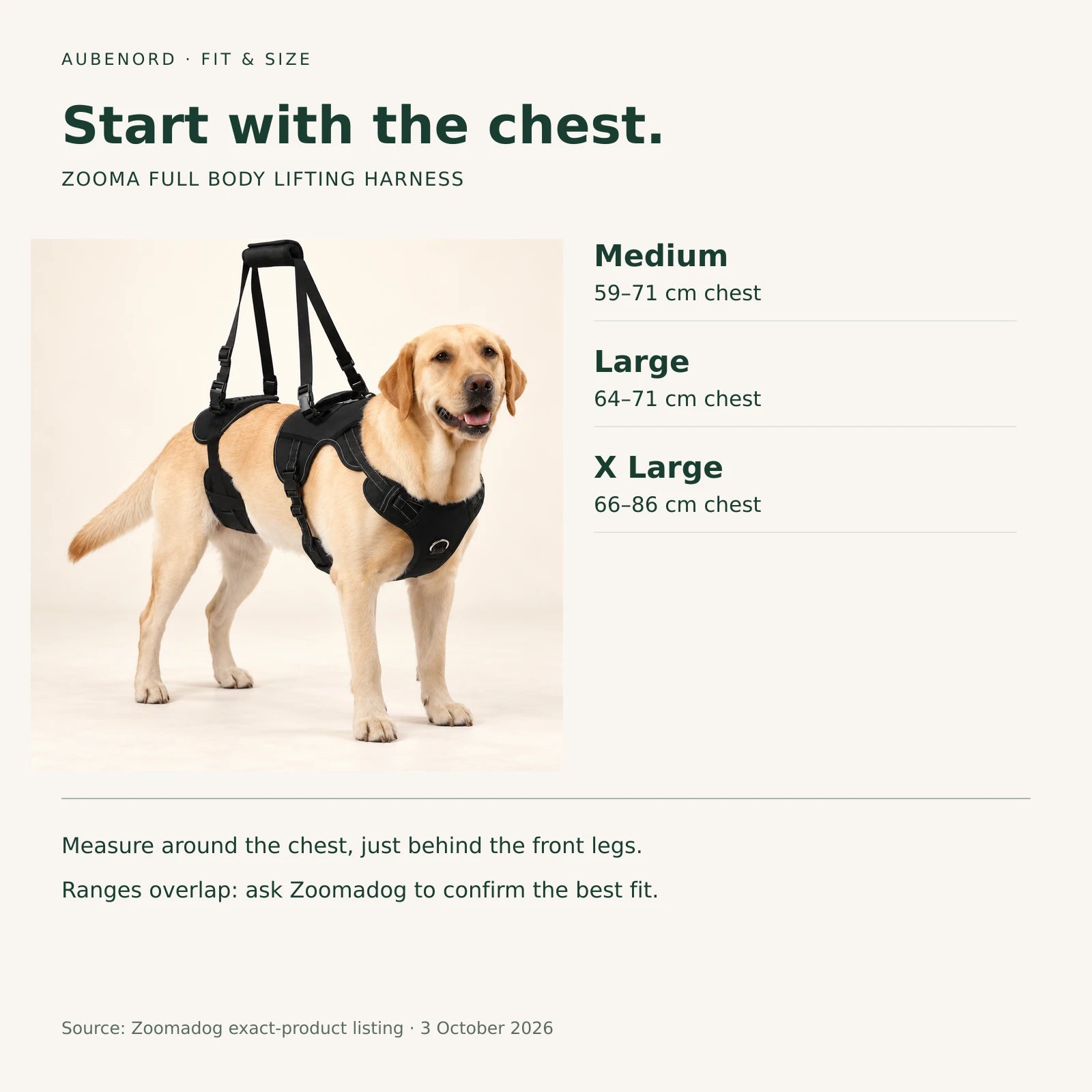 ZOOMA chest size guide: Medium 59–71 cm, Large 64–71 cm and X Large 66–86 cm