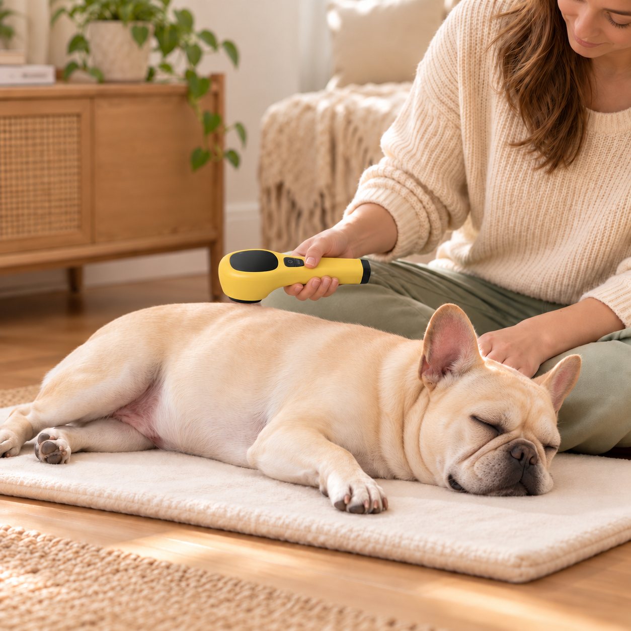 Illustration of an inactive yellow handheld device held above a resting cream French Bulldog’s back.