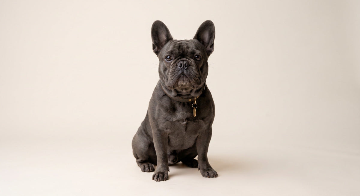 Grey French Bulldog sitting against a light beige background