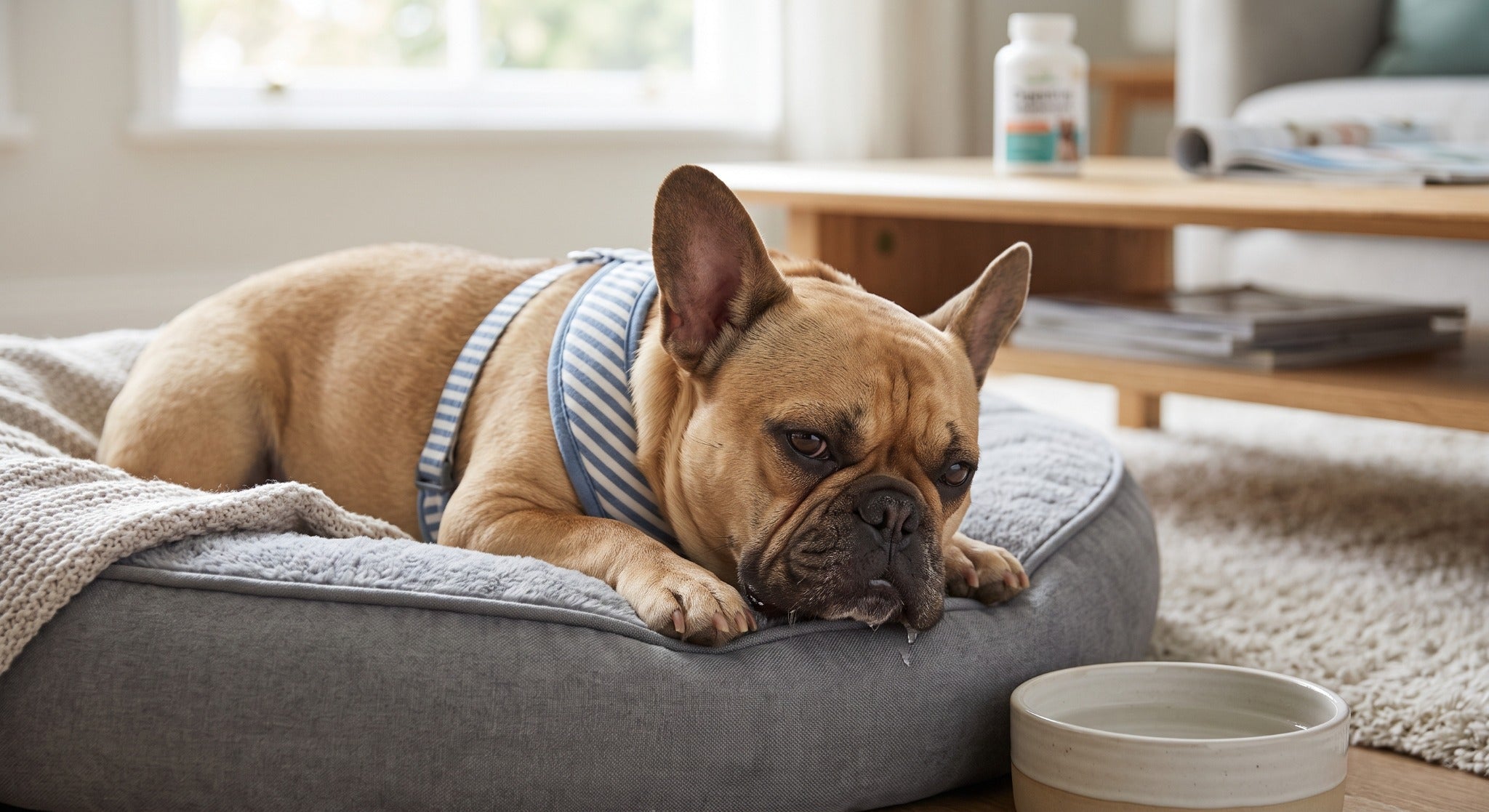 French Bulldog resting beside a water bowl during an Aubenord guide to digestive discomfort and acid reflux