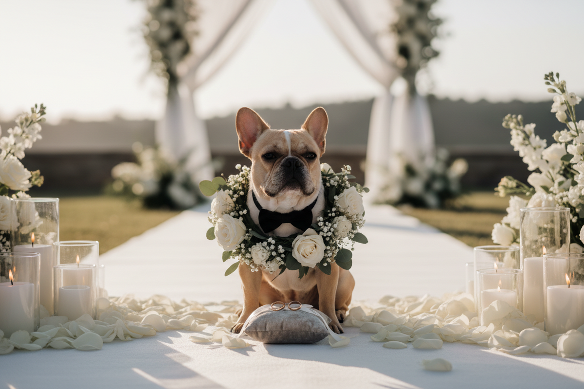 French Bulldog at a dog-friendly wedding ceremony