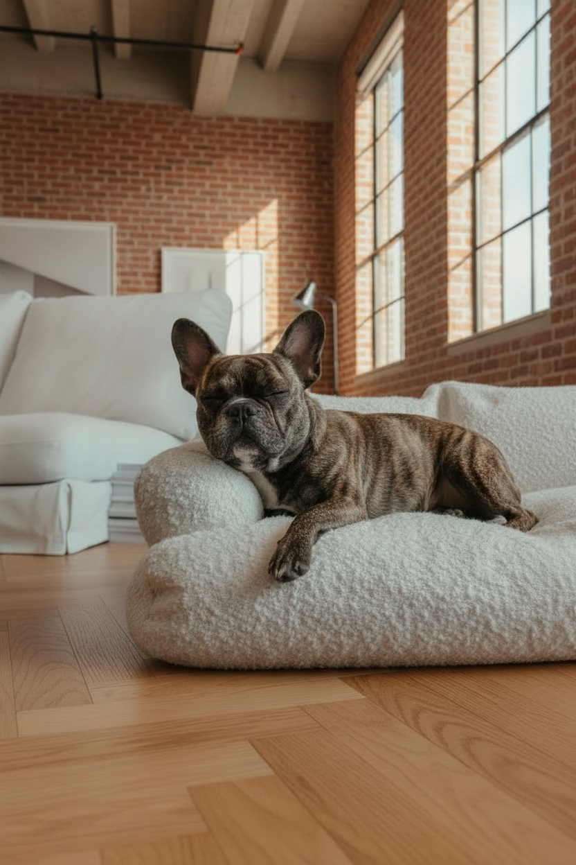 Dog resting on a cream pet bed in a home setting