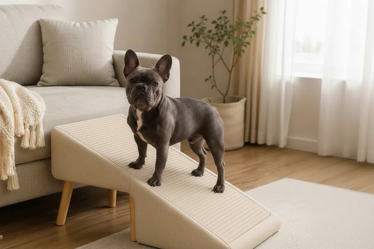 A small beige dog stands on a ramp-style pet step in a living room beside a light sofa. The ramp is upholstered in a warm cream fabric with light wood legs and a ribbed textured surface.