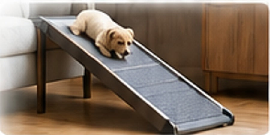 Non-slip dog ramp providing safer home access for a dog with IVDD