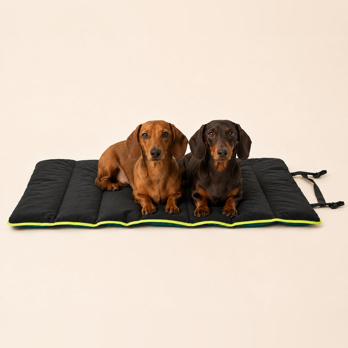 Two Dachshunds resting on the 3 Peaks Roll Up Travel Dog Mat against a clean cream studio background, with original fastening straps visible