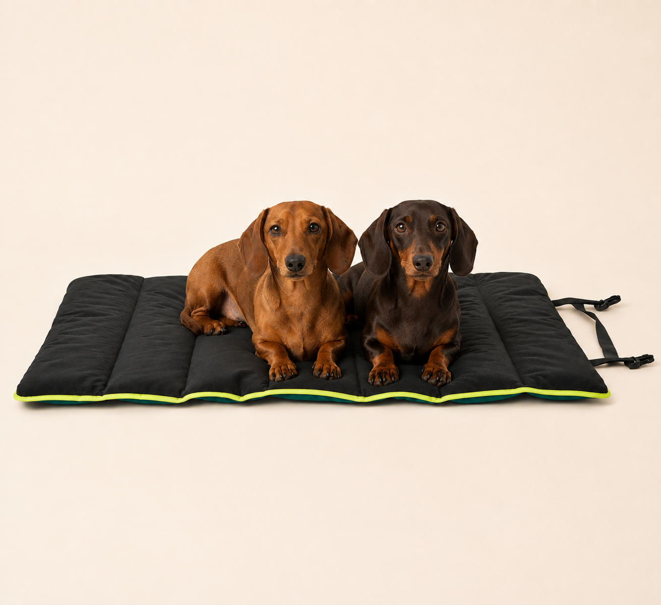 Two Dachshunds resting on the 3 Peaks Roll Up Travel Dog Mat against a clean cream studio background, with original fastening straps visible