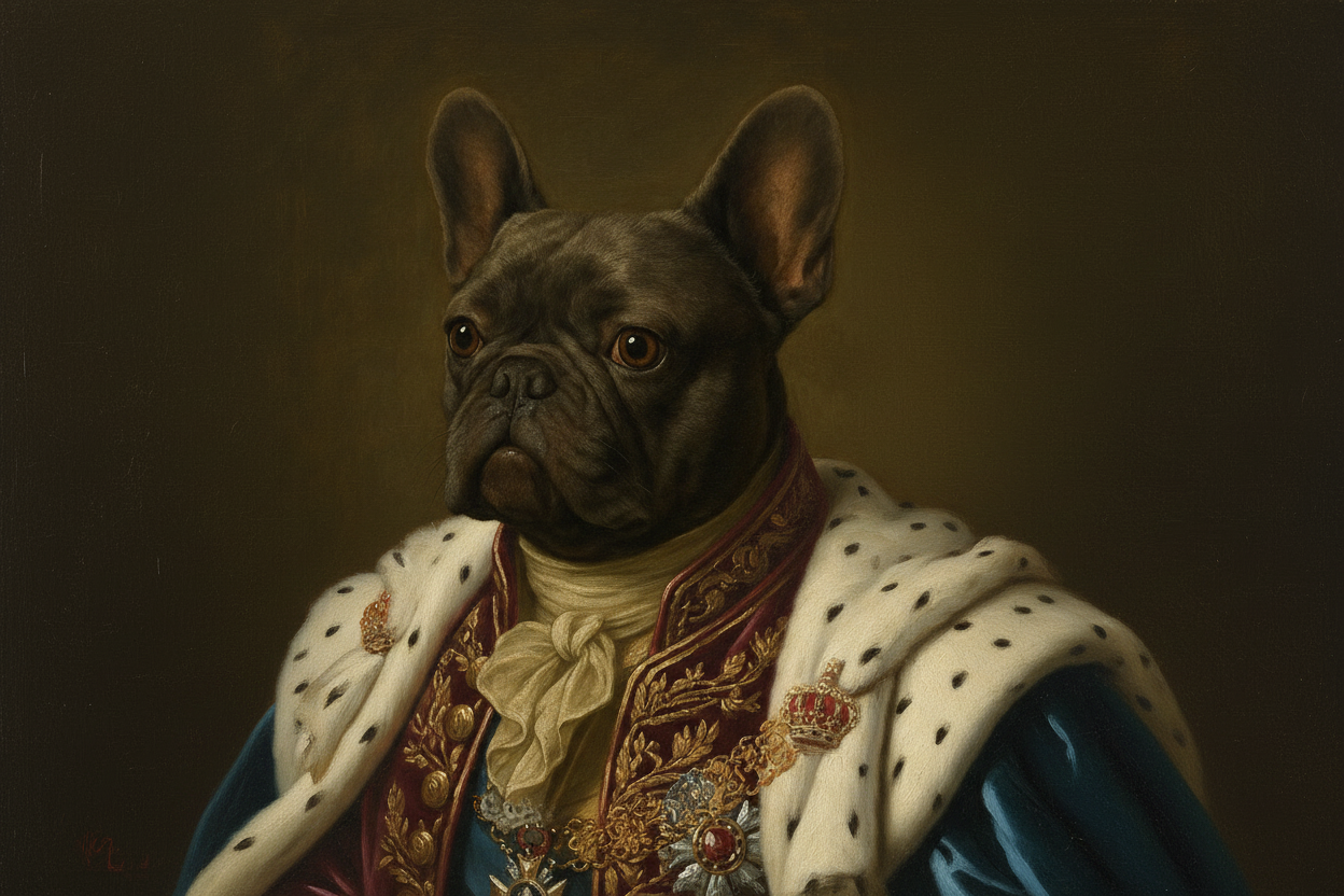 A classical-style portrait painting of a French bulldog dressed in historical clothing, featuring a dark brown coat, cream waistcoat, and white cravat against a dark brown background.