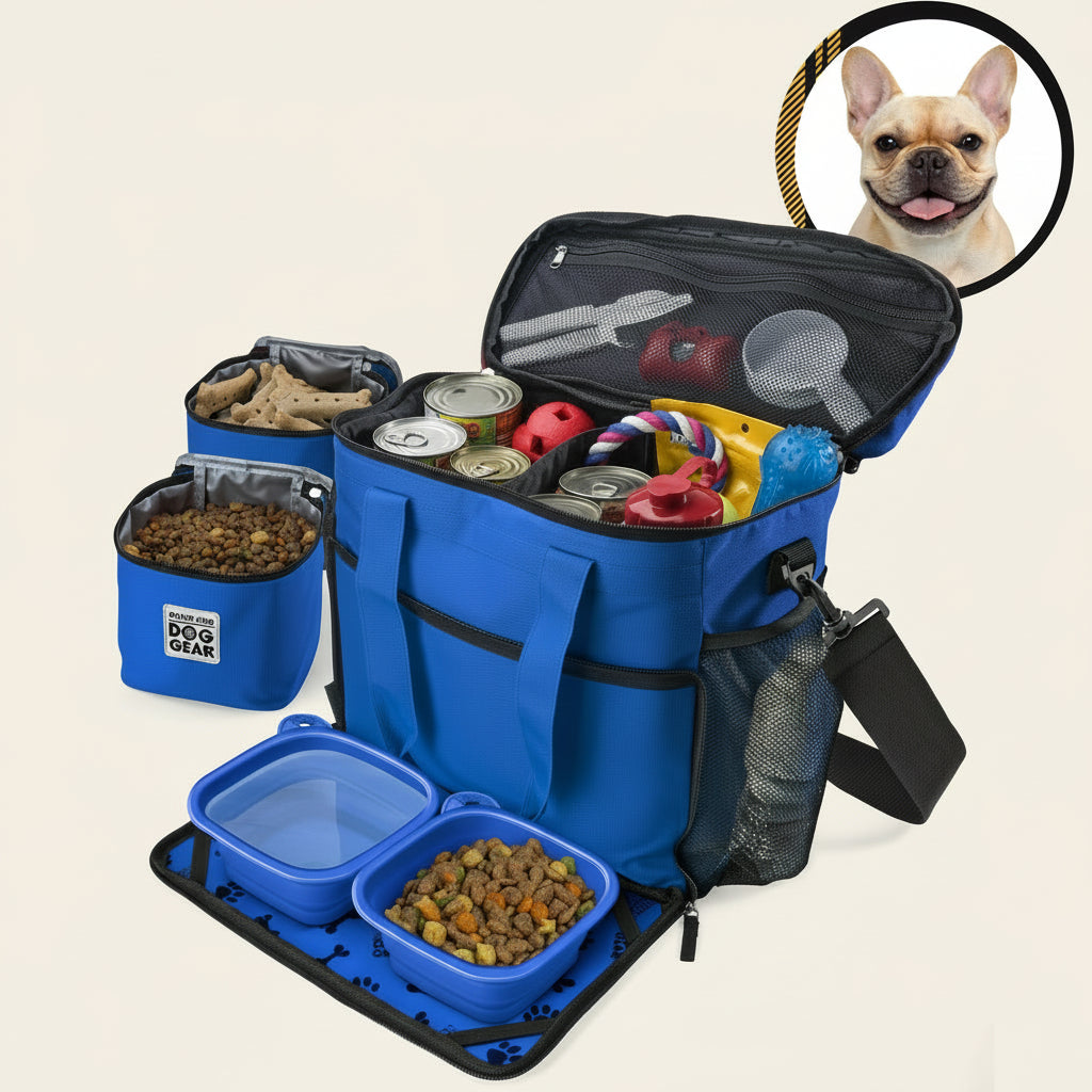 Royal Blue Week Away tote open with storage compartments and packed supplies