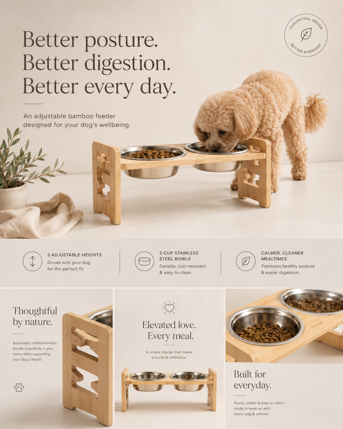 A beige promotional graphic for a wooden elevated pet feeder shown with a fluffy light brown dog at the top, plus three feature callout panels below on a warm cream background.