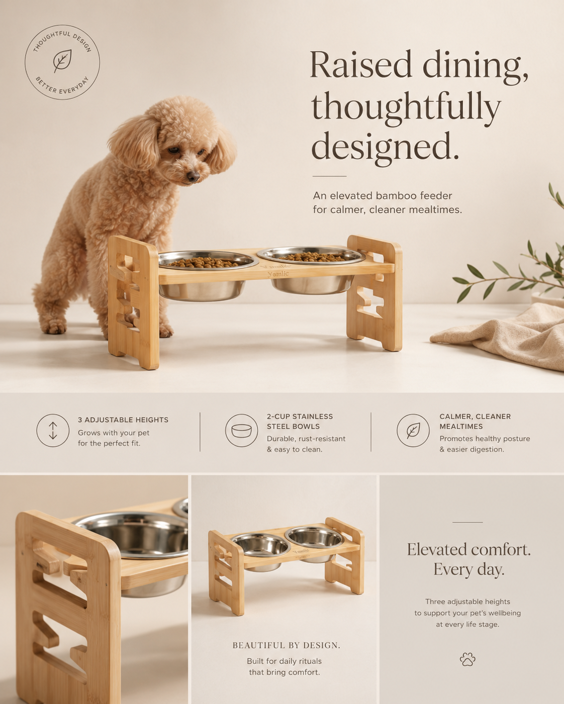 An elevated bamboo pet feeder and bowl stand shown in a styled indoor scene with a small fluffy dog beside it, plus three feature callout panels below. The product appears to be the wooden feeder/stand with stainless steel bowls; the dog is present, so by schema priority this is Lifestyle rather than Product/Packaging, even though the layout is partly infographic-like.