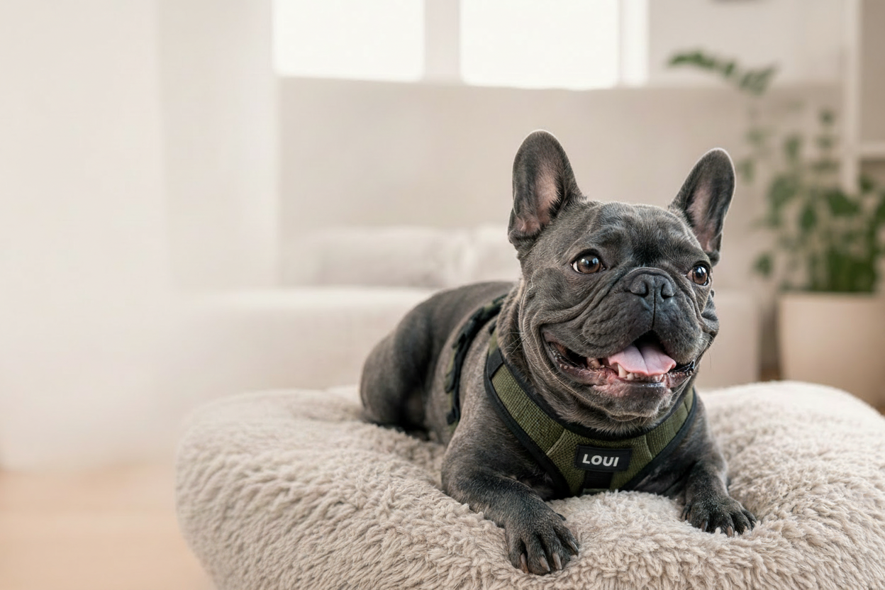Aubénord website banner featuring a Loui, a blue French Bulldog, lying on a fluffy dog bed wearing a green harness, smiling at the camera, with the headline 'Helping dogs with IVDD and the people who love them.' and navigation including 'Home', 'Learn', 'Directory', 'Recommended Products', 'Loui's Story', 'About', and 'Contact'.
