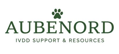Aubenord Logo featuring a text saying IVDD Support & Resources, with an image of small dog paw on top