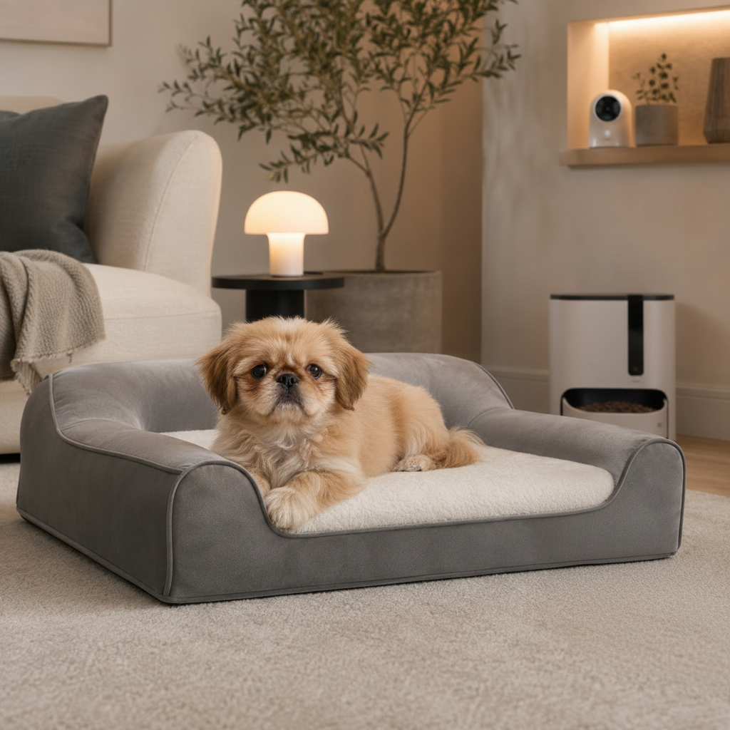 A gray pet bed with a cream cushion sits on a carpeted floor in a modern living room. A cream perkingese puppy is lying on the bed.