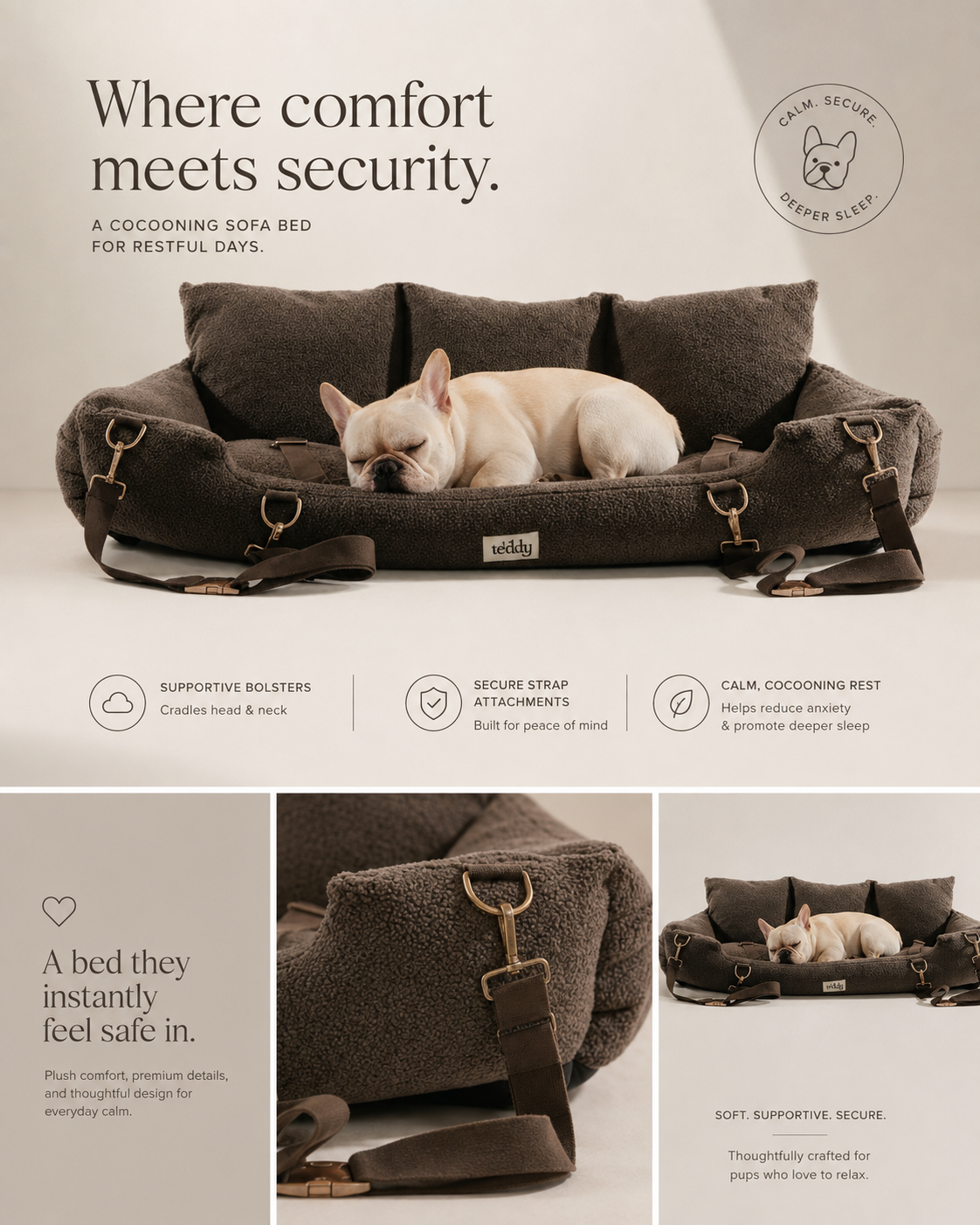 A dog cocooning travel bed shown in a styled interior scene with a cream French Bulldog lying inside, plus three detail panels below highlighting supportive bolsters, a secure strap, and soft supportive fabric. Text at the top reads, 'Where comfort meets security.
