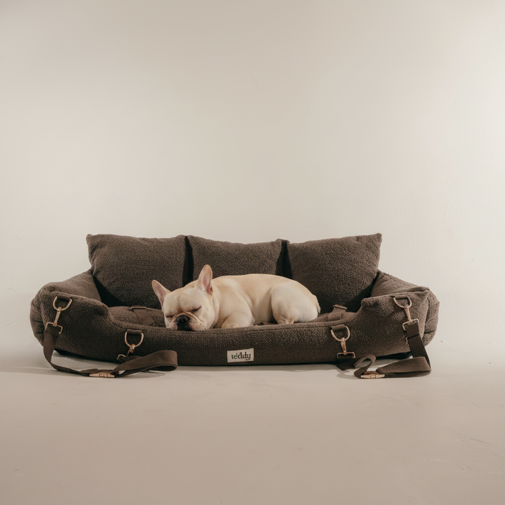 By Teddy XL Cosy Dog Car Seat in Chocolate with a dog lying in the full-width sherpa travel bed