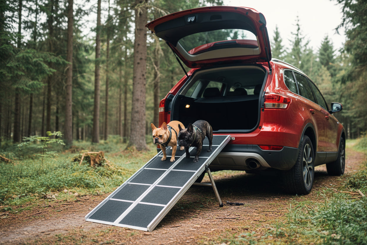 A long-haired gray dog walks up a black-and-silver metal ramp into the open trunk of a red SUV outdoors on a grassy path with trees in the background.