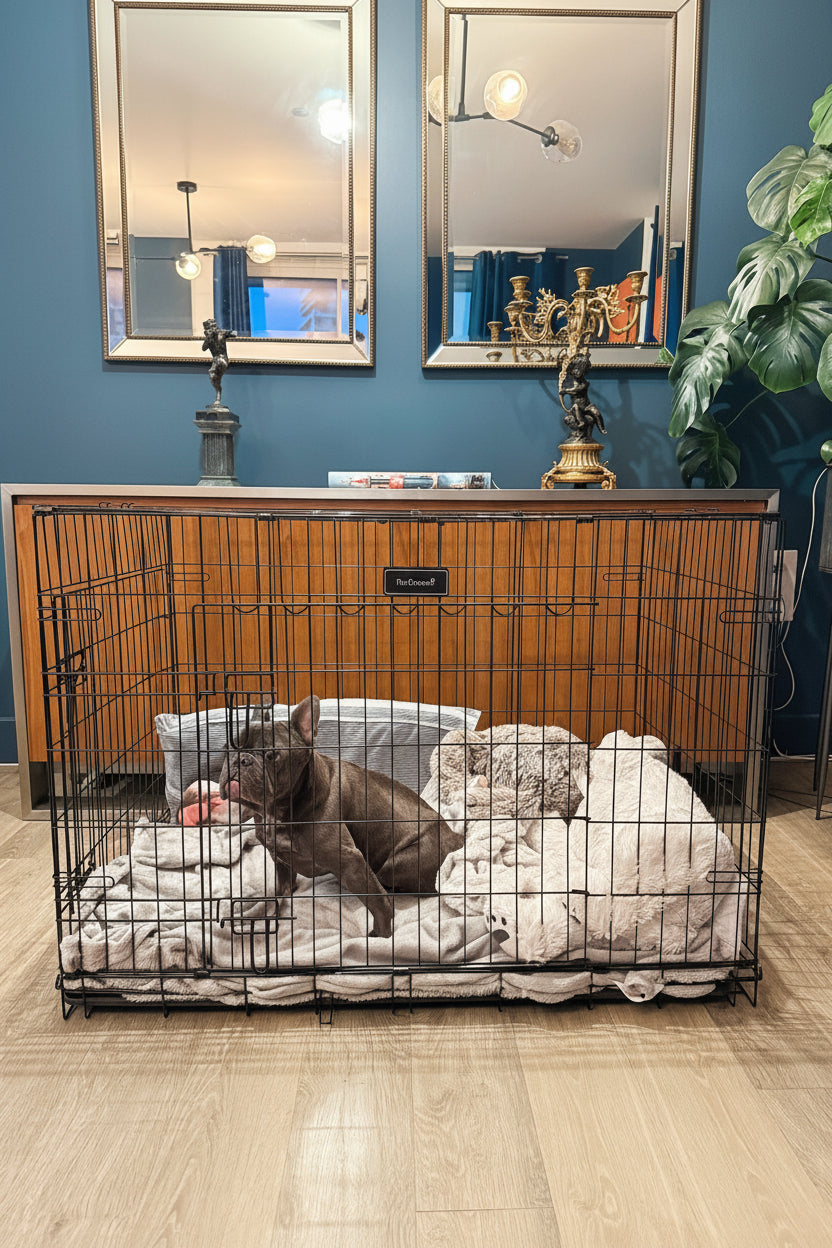 Loui the French Bulldog resting inside the FurDreams folding dog crate at home