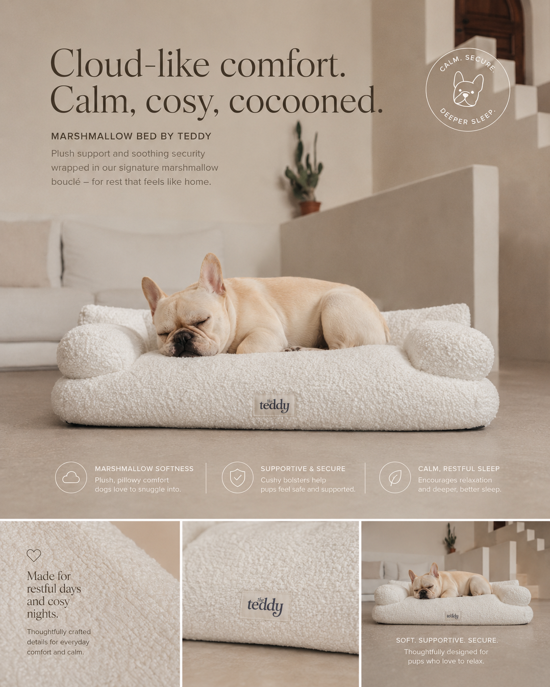 A beige French bulldog rests on a plush cream pet bed in a softly lit living room. Large text at the top reads 'Cloud-like comfort.