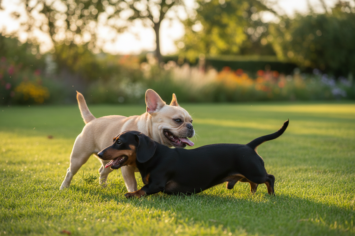 French Bulldog and Dachshund playing outdoors for the Aubenord IVDD prevention guide