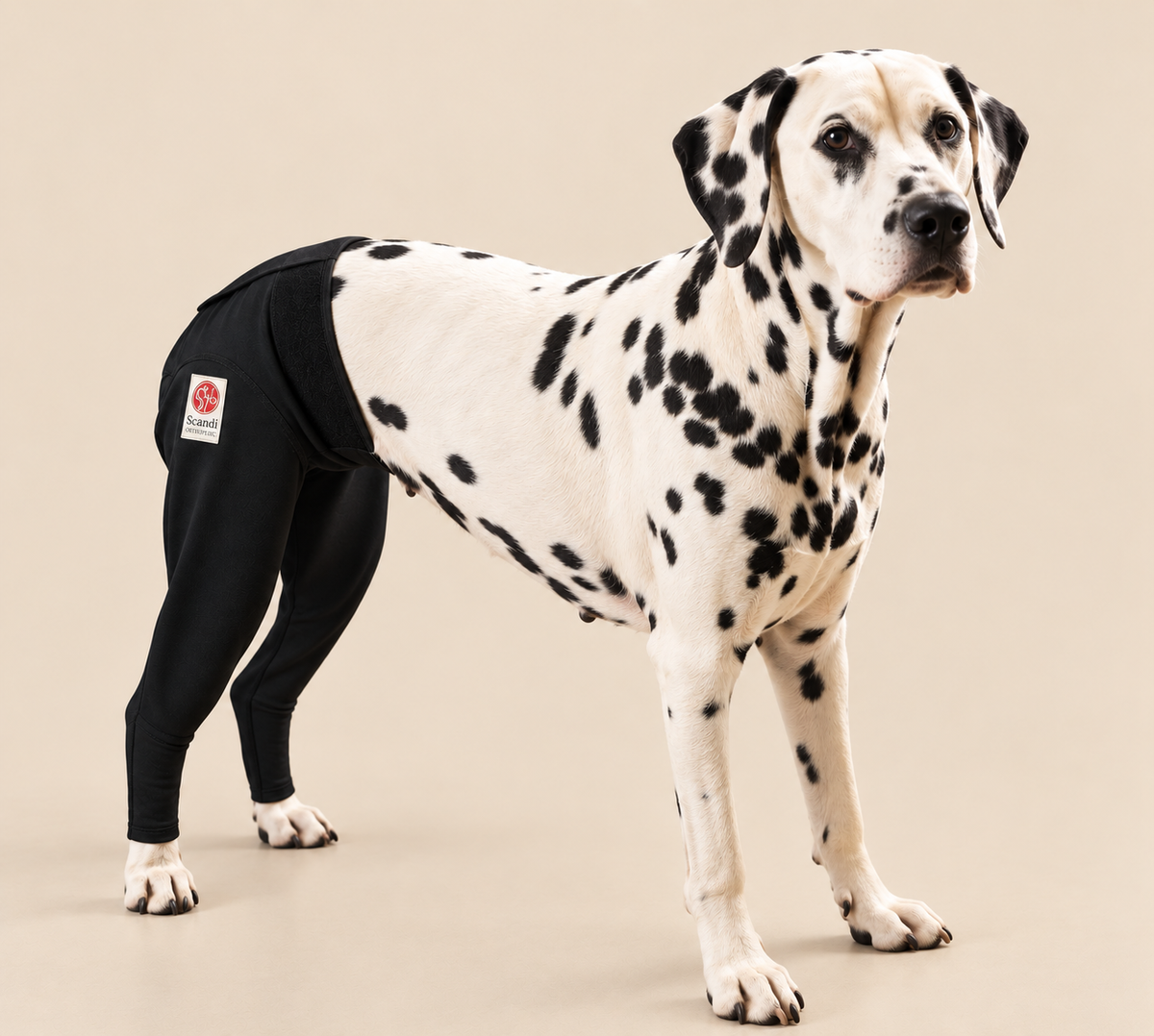 Dalmatian wearing a black Scandi Orthopedic Double Hind MPC cover over both rear legs