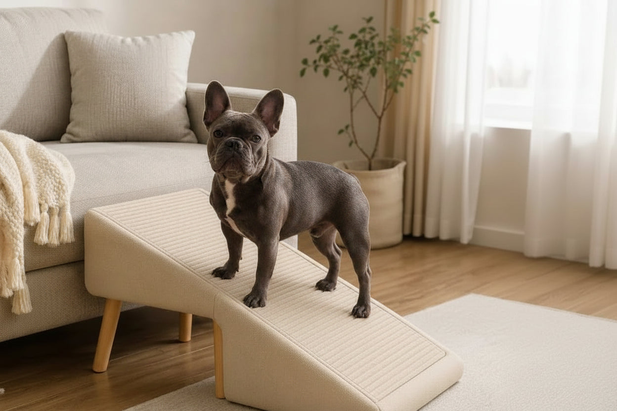 A small beige dog stands on a ramp-style pet step in a living room beside a light sofa. The ramp is upholstered in a warm cream fabric with light wood legs and a ribbed textured surface.