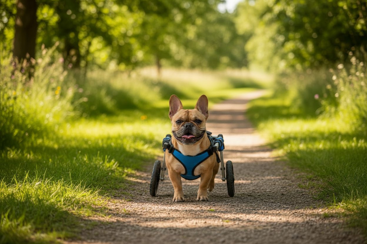 A small tan French Bulldog wearing a blue harness and wheeled mobility device walks down a sunlit gravel path surrounded by lush green trees and grass.
