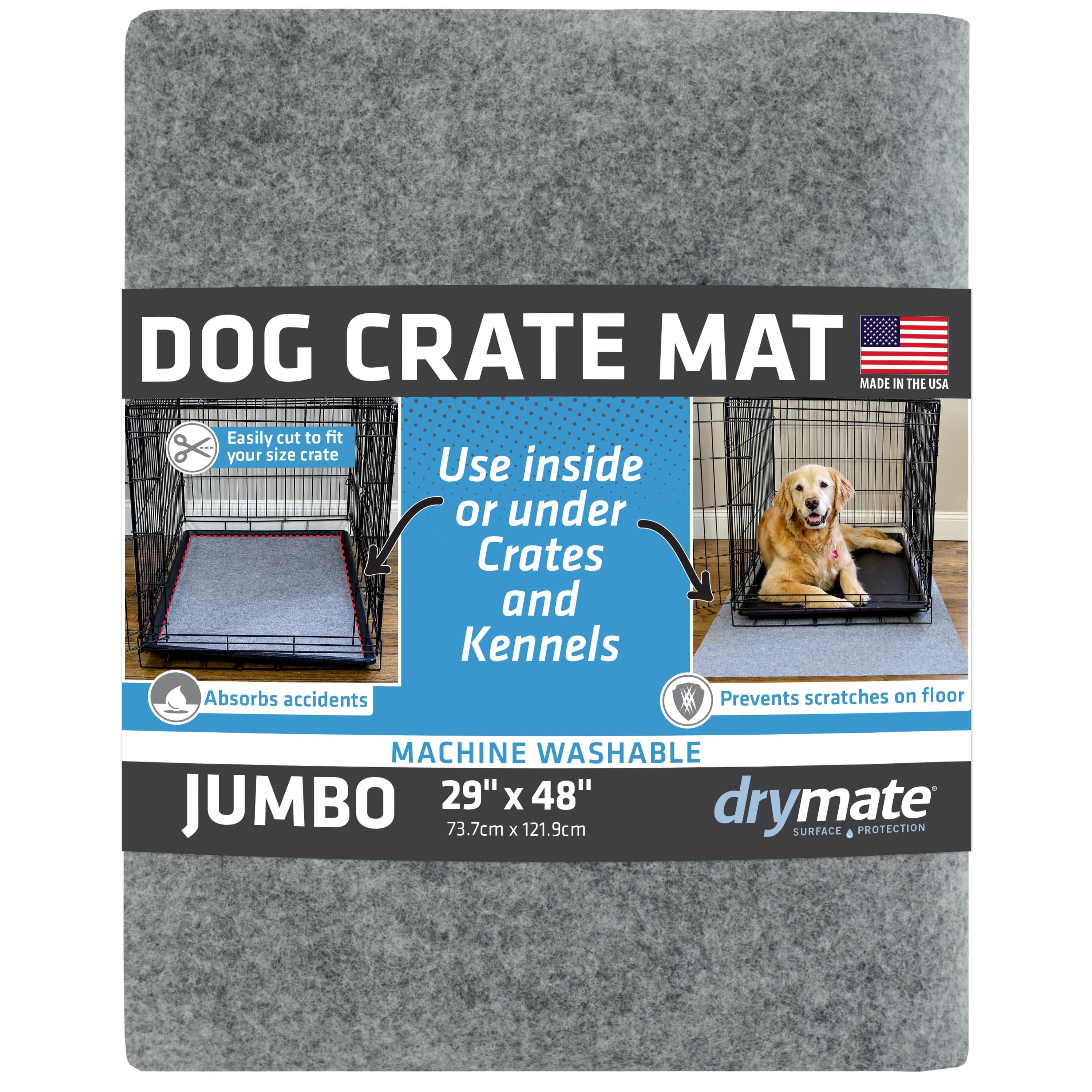 Drymate dog crate mat product packaging and use examples