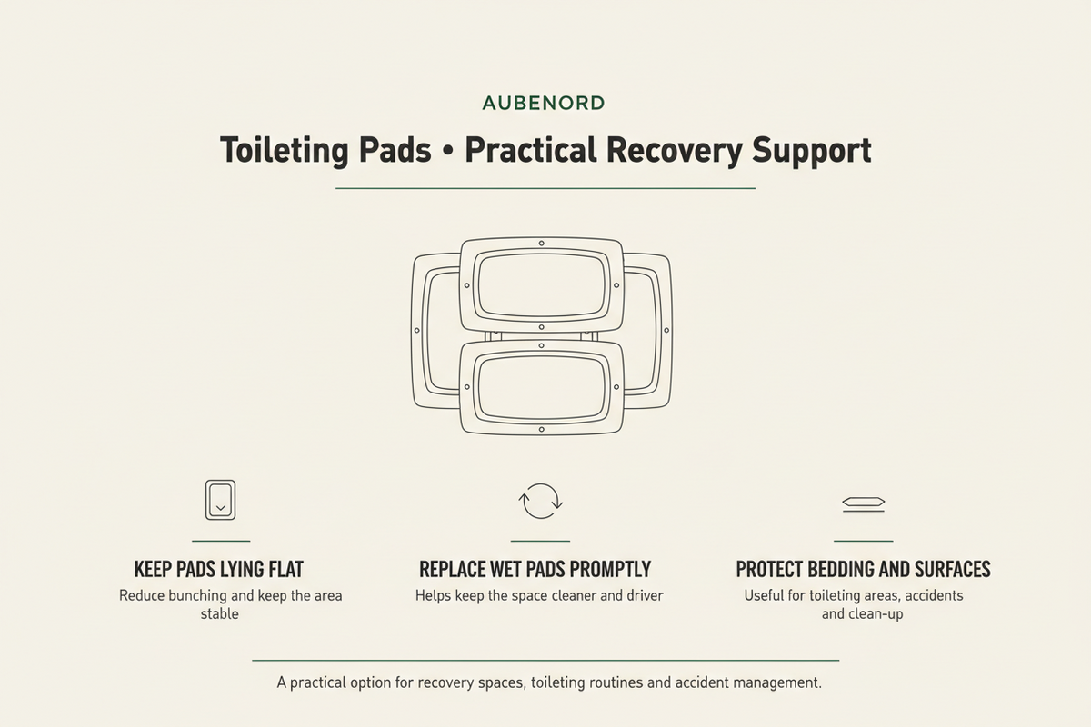 Aubenord practical recovery support graphic showing safe use of disposable toileting pads