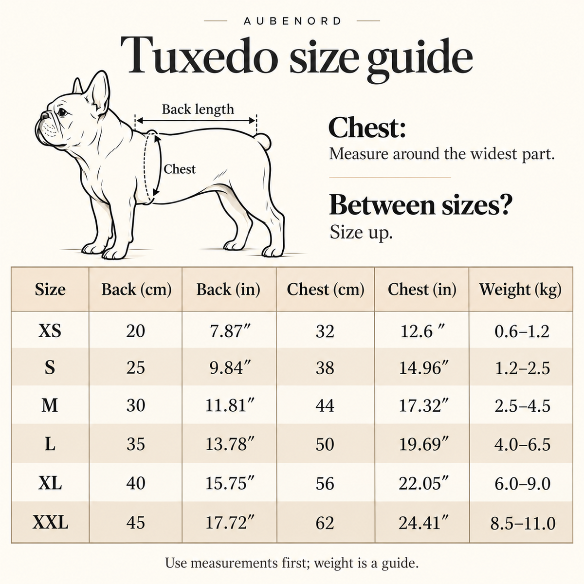 Tuxedo size guide XS to XXL: back length and chest in centimetres and inches, with weight guidance in kilograms