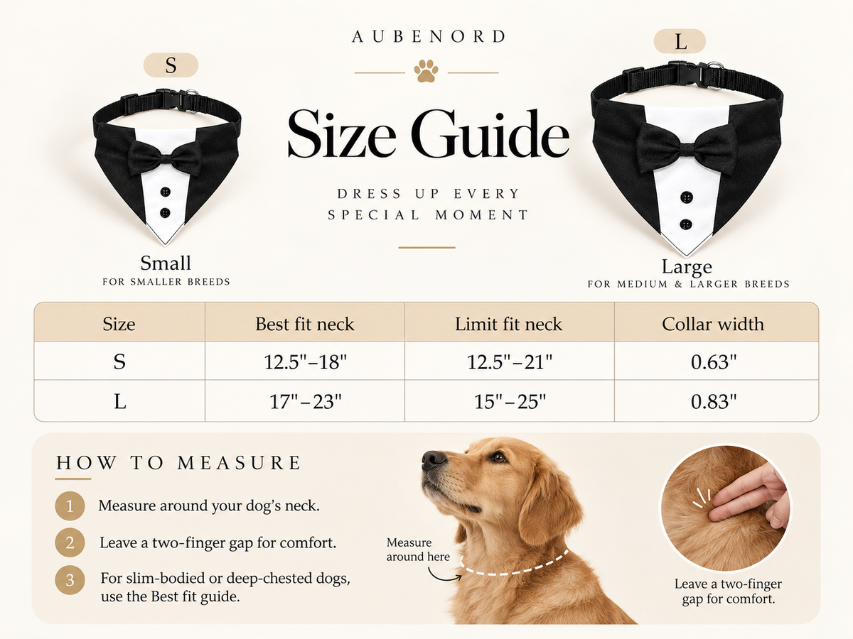 Tuxedo dog bandana size guide with small and large neck measurements and measuring instructions