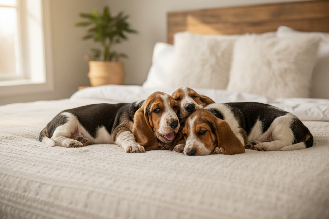 Basset Hound puppies resting on a bed for the Aubenord Basset Hound IVDD guide