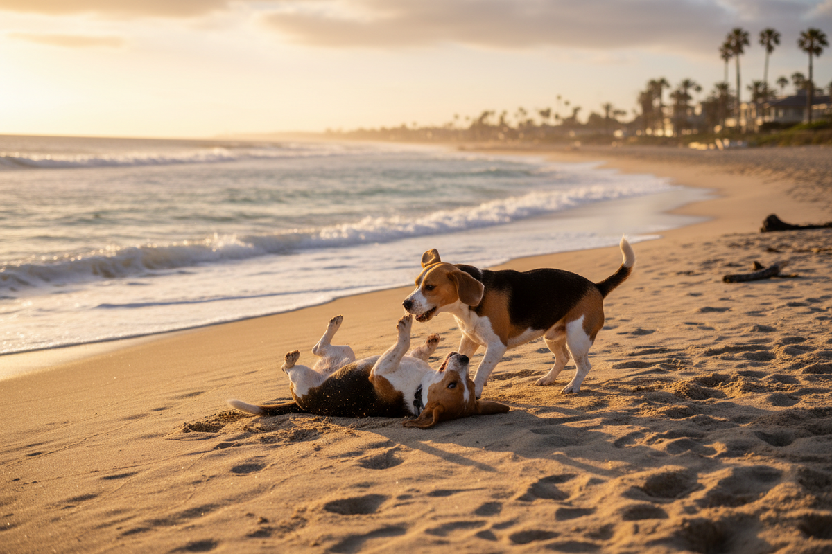Beagles playing by the sea for the Aubenord Beagle IVDD guide