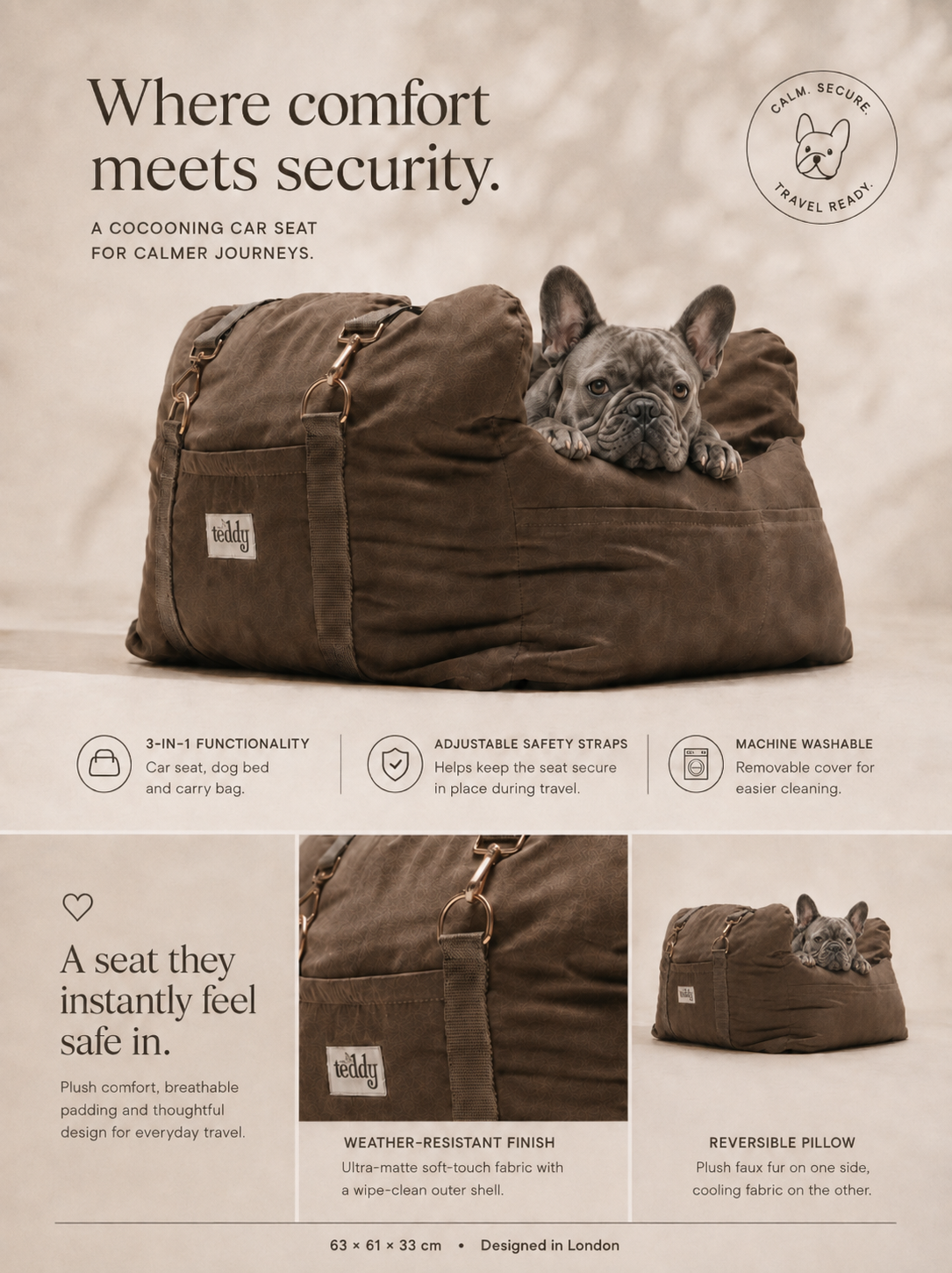 By Teddy Puffer Dog Car Seat in Chocolate with padded portable-bed design