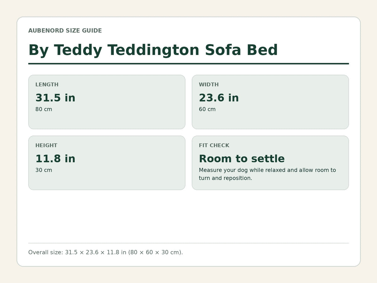By Teddy Teddington dog sofa bed size guide with product measurements