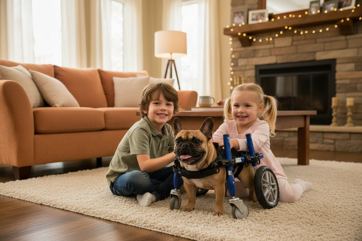 Walkin’ Wheels four-wheel dog wheelchair setup for front and rear mobility support