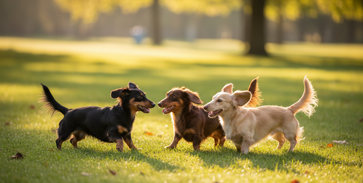 Three Dachshunds in a park for the Aubenord Dachshund IVDD guide