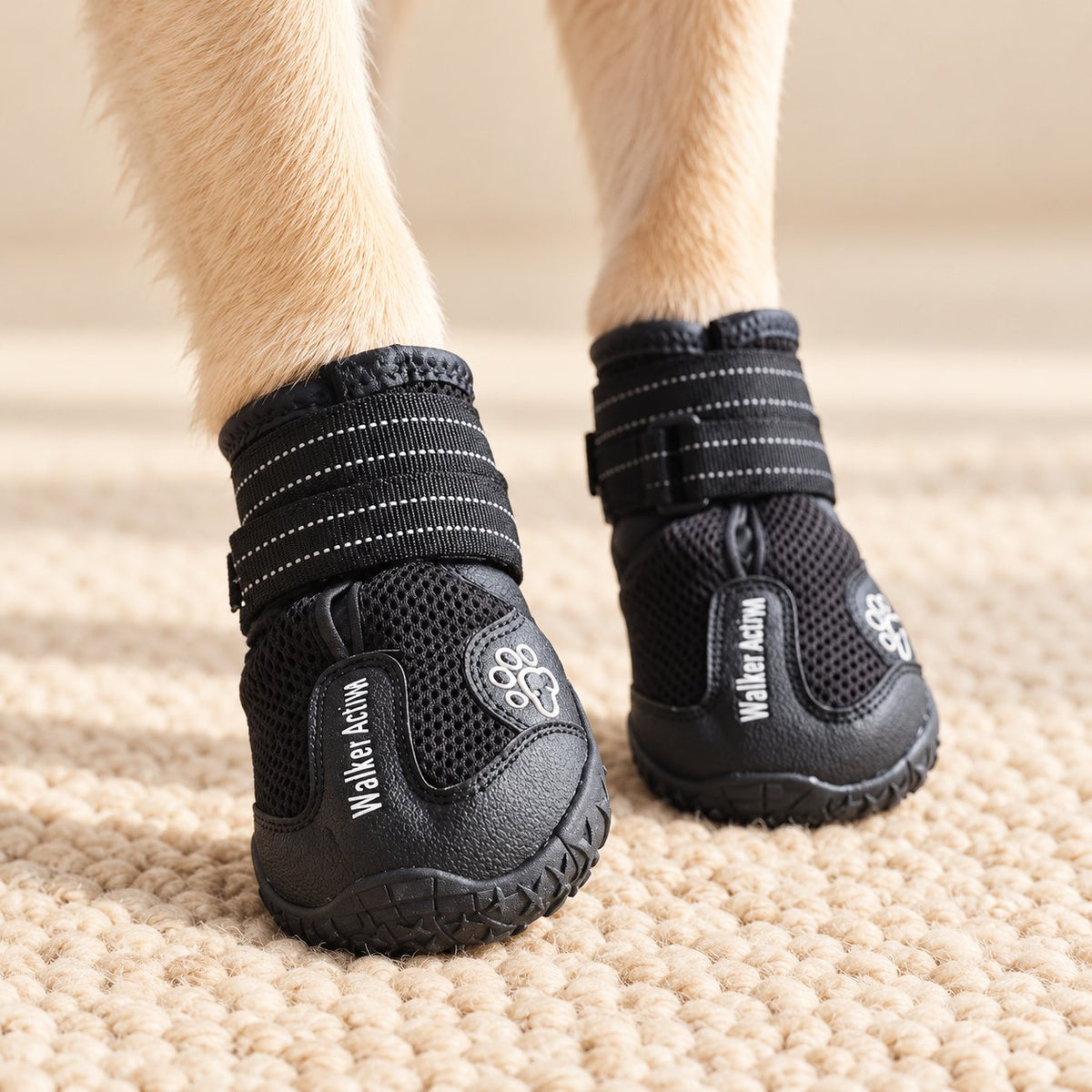 Close-up of two cream dog paws wearing black Walker Active protective boots