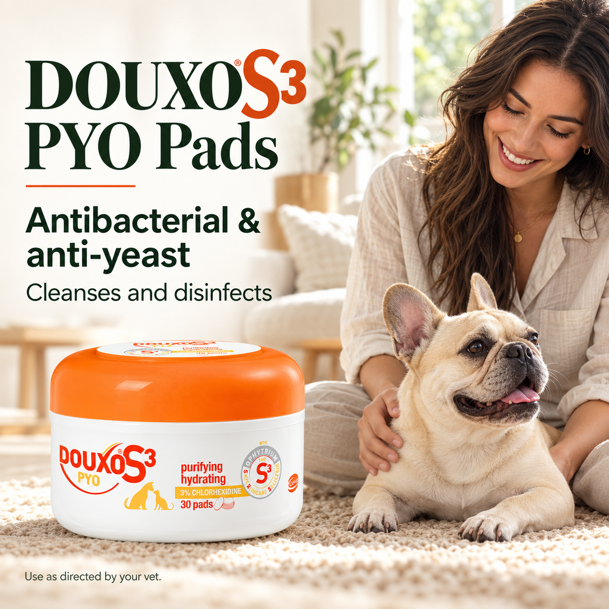 DOUXO S3 PYO Pads information graphic with orange-lidded tub, cream French Bulldog and owner