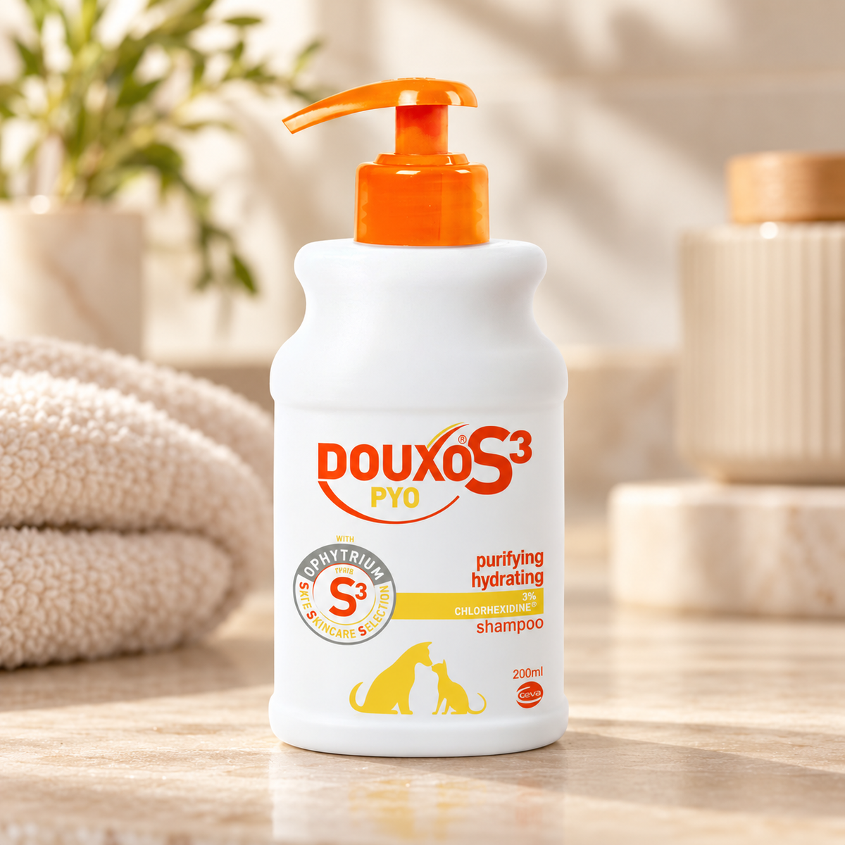 Close view of the DOUXO S3 PYO shampoo bottle and front label