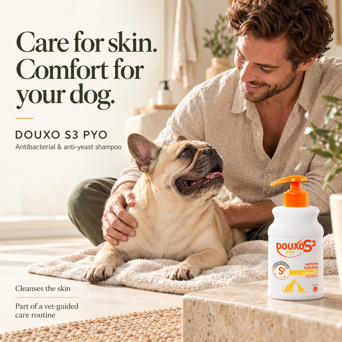 DOUXO S3 PYO shampoo advert with an owner and cream French Bulldog in a warm home setting