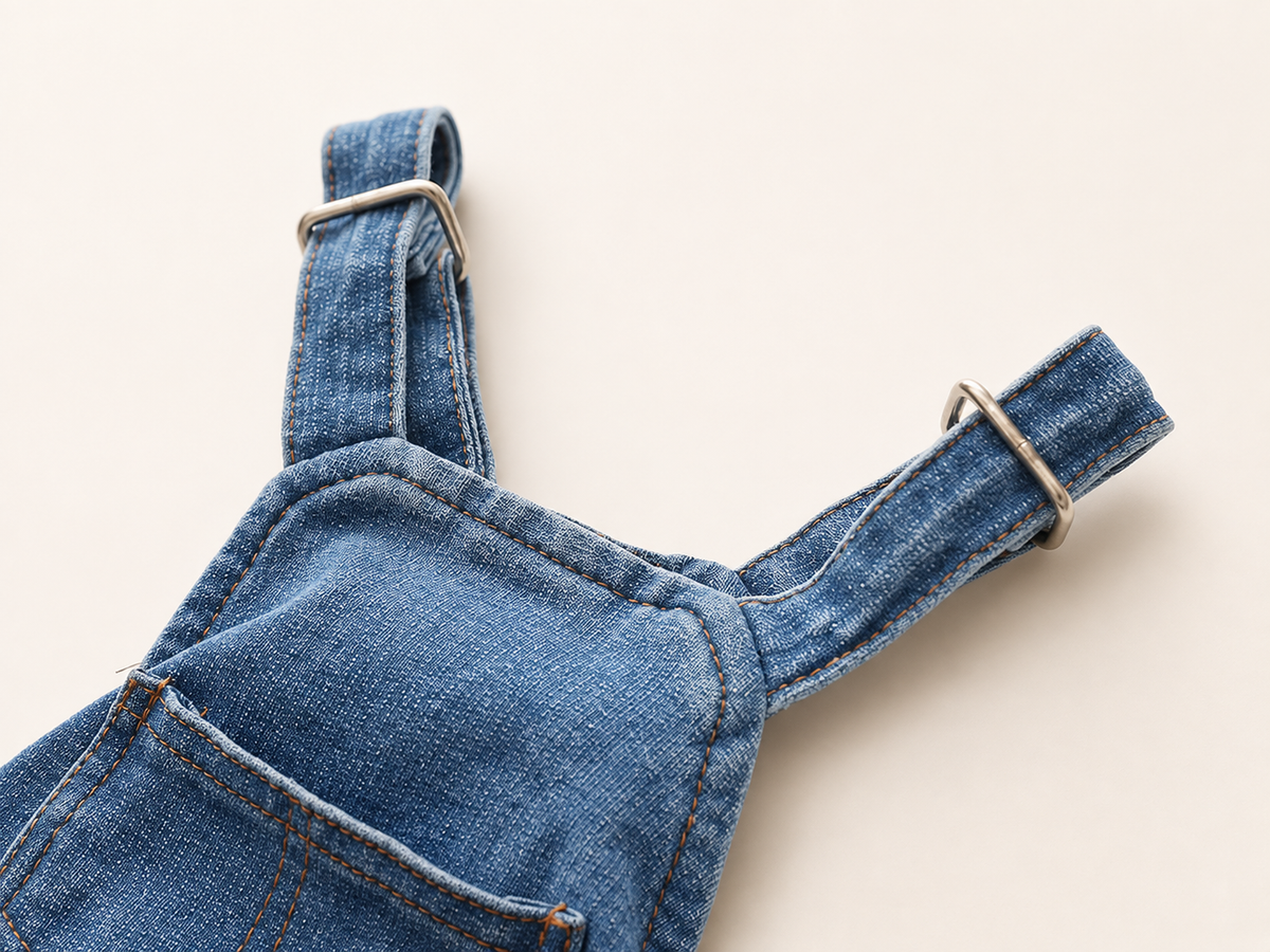 French Bulldog denim dungarees fit detail