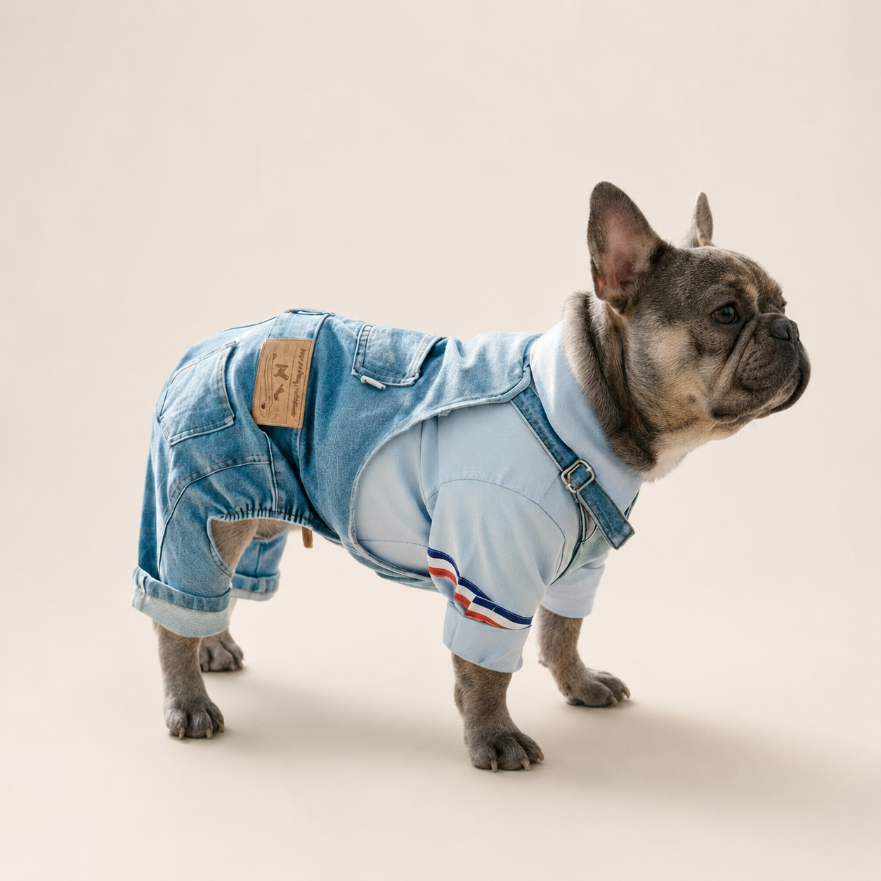 French Bulldog wearing blue denim dungarees and a light blue shirt on a plain cream background