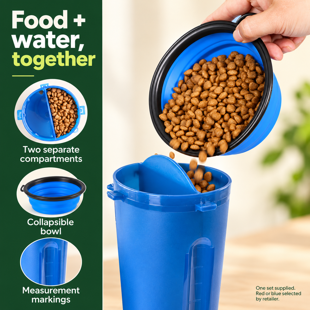 Geezy travel set with separate food and water compartments, collapsible bowl and measurement markings