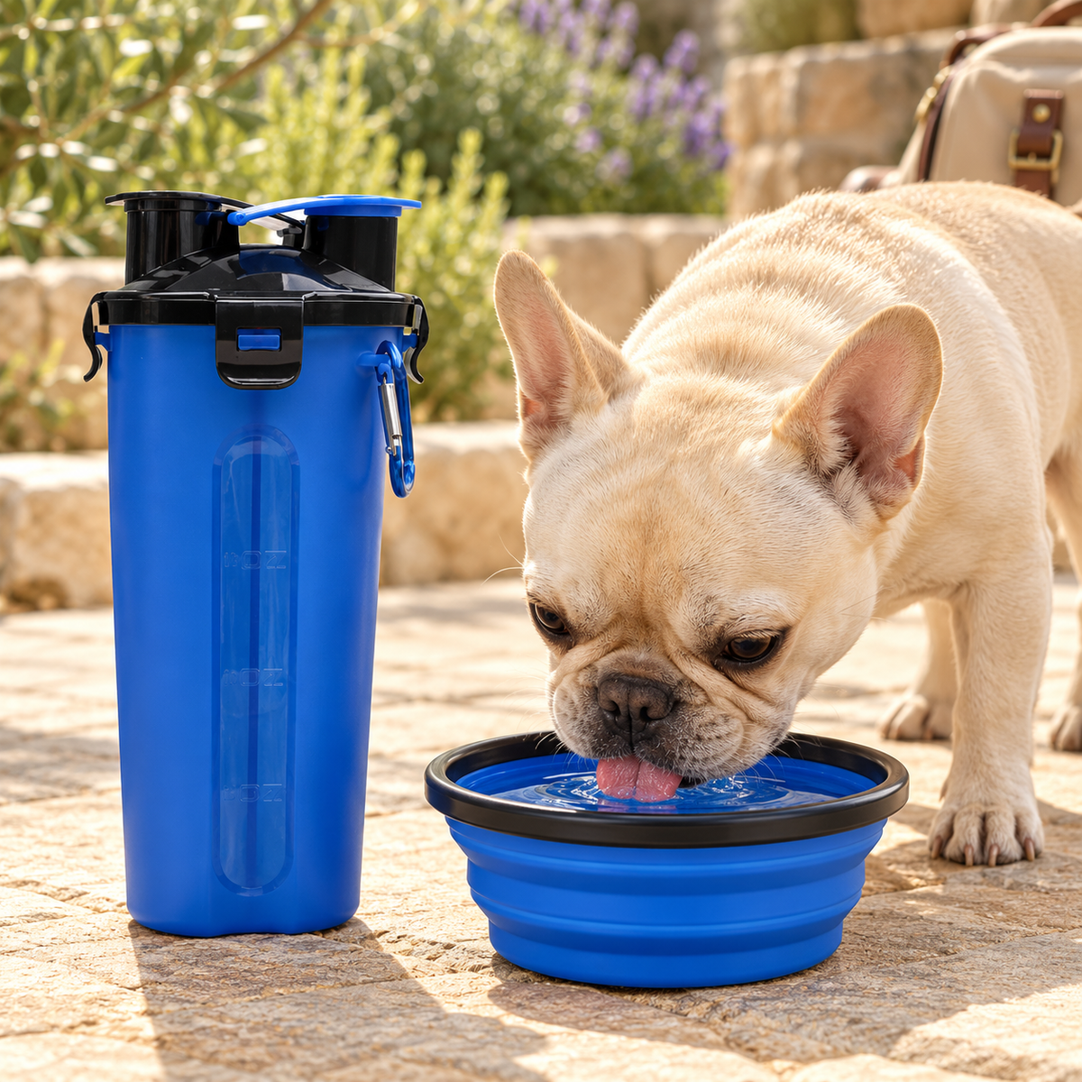 Blue Geezy travel bottle beside a French bulldog drinking from its detached collapsible bowl