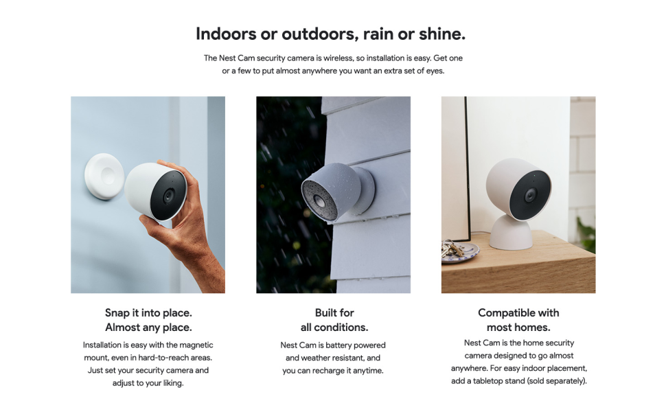 Google Nest Cam battery indoor and outdoor usage and installation views