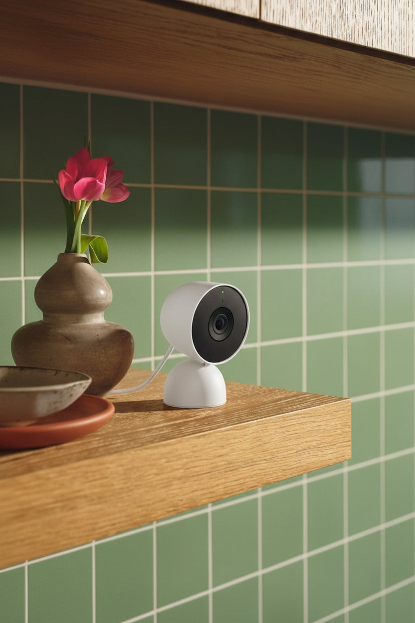 Google Nest Cam Indoor wired 3rd generation on a home shelf
