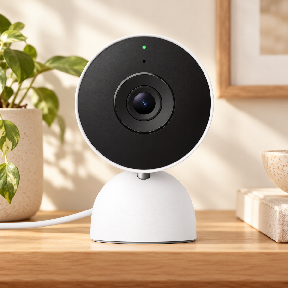 White wired Google Nest indoor camera on a wooden surface