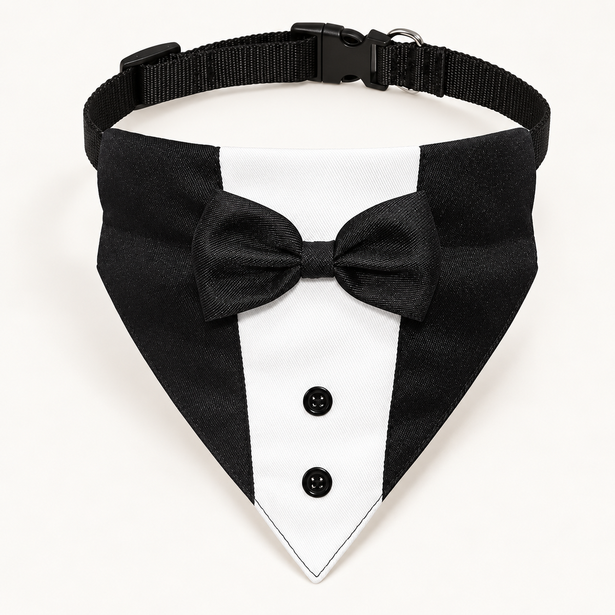 GOYOSWA black and white tuxedo bandana collar with bow tie on an ivory background