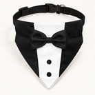 GOYOSWA black and white tuxedo bandana collar with bow tie on an ivory background