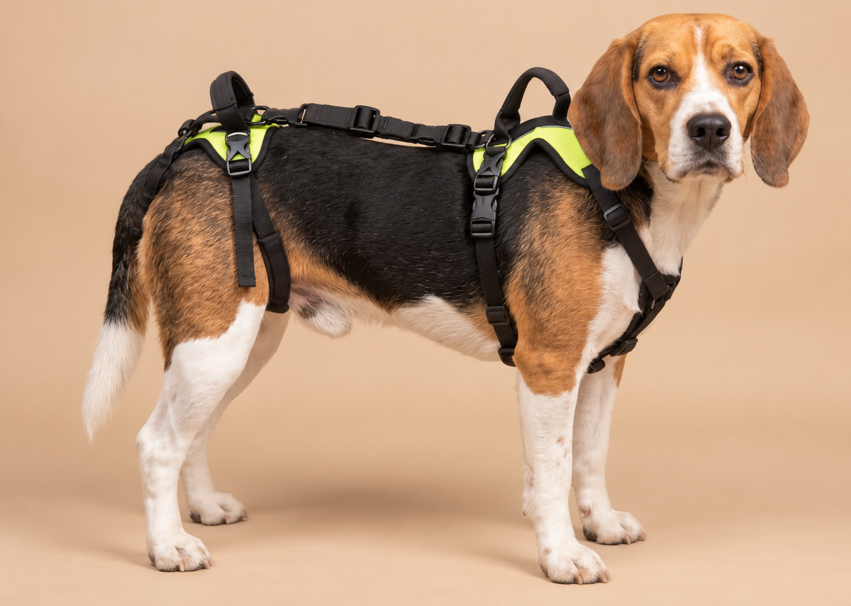 Beagle wearing the Help ’Em Up full-body lifting harness on a beige studio background
